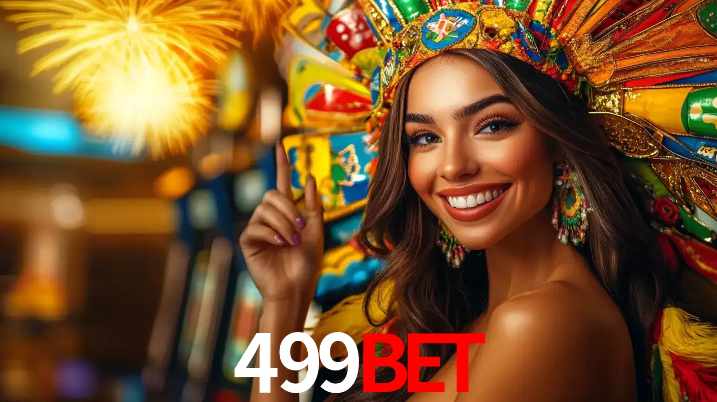 Mulher sorridente com um cocar de carnaval vibrante e colorido, celebrando uma grande vitória nos jogos do cassino 499bet com fogos de artifício ao fundo.