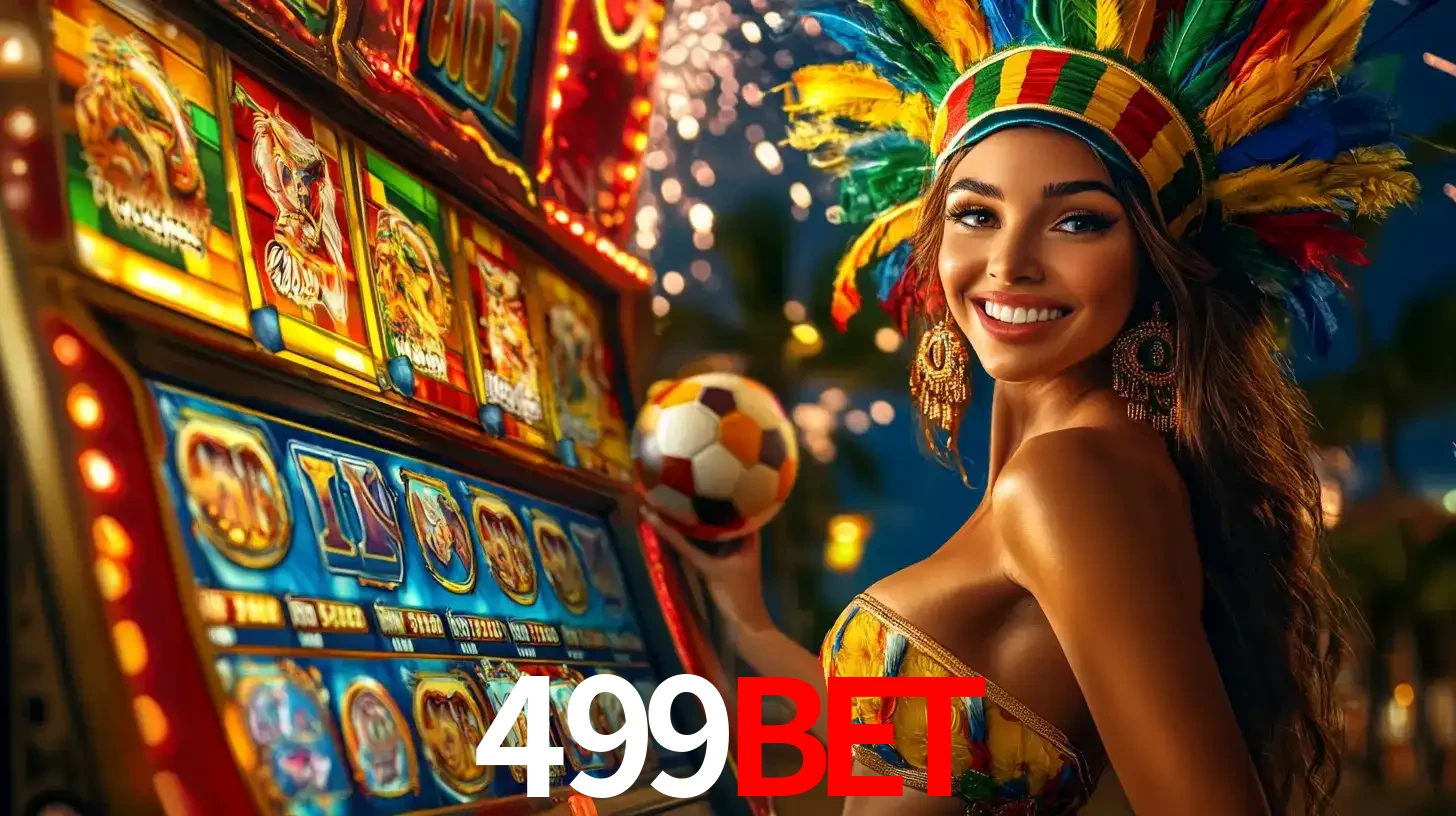 Mulher com um cocar de carnaval ao lado de uma máquina de caça-níqueis enquanto segura uma bola de futebol, mostrando a união da diversão de cassino e esportes no 499bet.