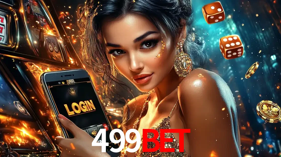 Mulher glamourosa segurando um celular com a tela de login do cassino 499bet, rodeada por dados e moedas douradas, pronta para começar a diversão.