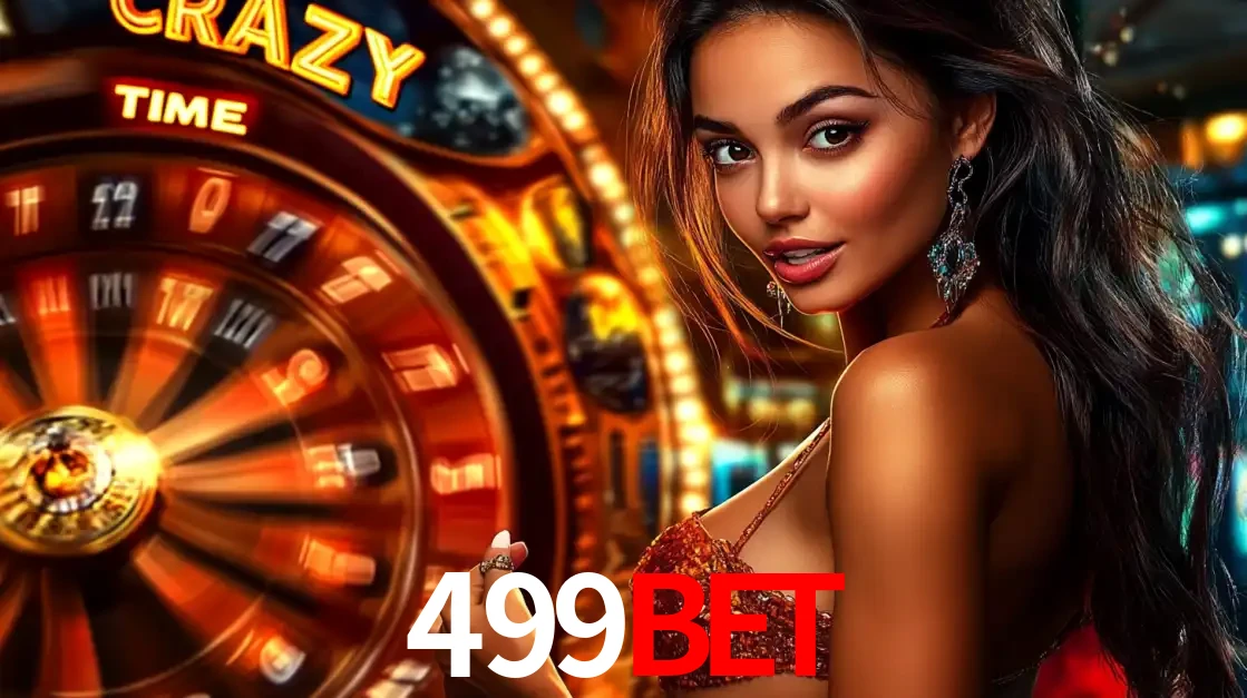 Mulher ao lado da roda de prêmios do jogo de cassino ao vivo Crazy Time, um dos shows de jogos mais emocionantes oferecidos pela plataforma de apostas 499bet.