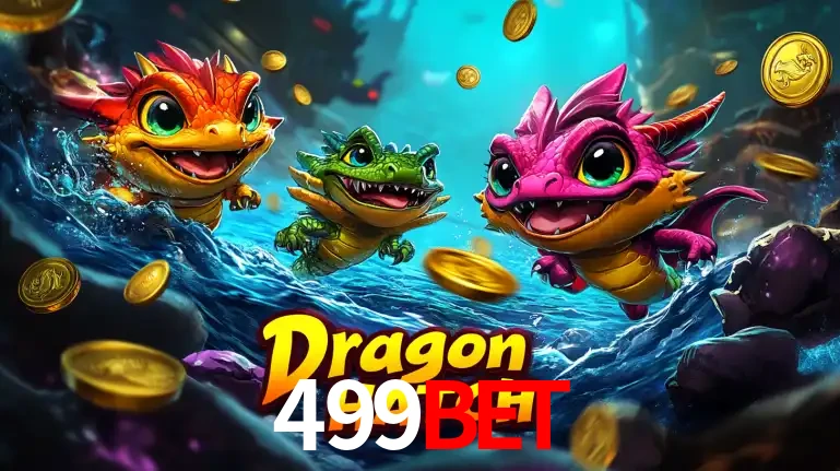Arte promocional do jogo Dragon Hatch com três adoráveis dragões bebês nadando entre moedas de ouro, um dos slots mais divertidos para jogar no cassino 499bet.
