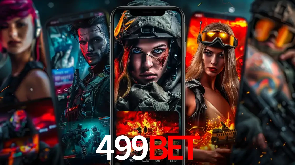 Montagem de telas de celular mostrando diversos personagens, masculinos e femininos, de um jogo de tiro, ilustrando a diversidade de equipes de e-sports para apostar no 499bet.