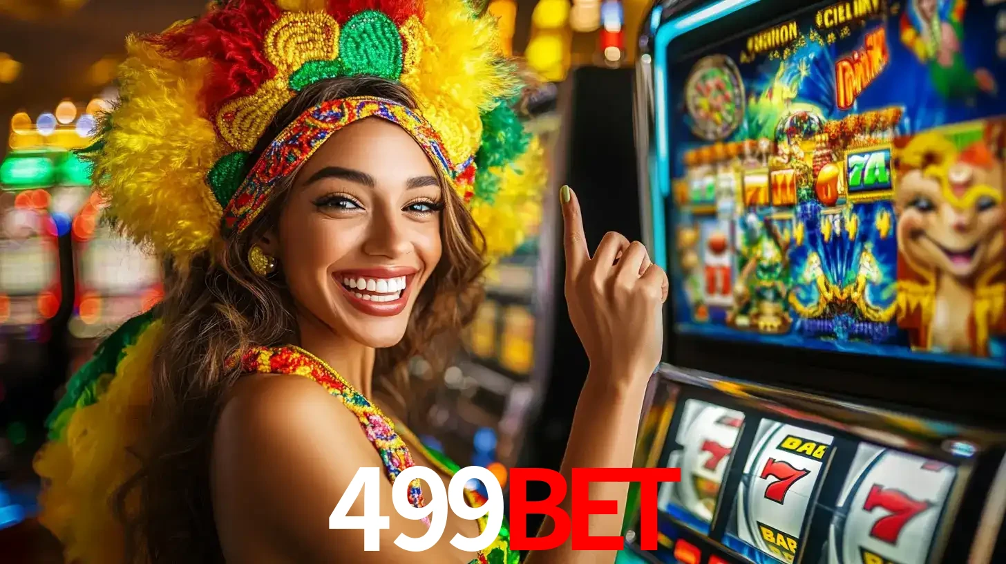 Mulher animada com um cocar de carnaval apontando para uma máquina de caça-níqueis, mostrando a emoção de ganhar um grande prêmio nos jogos do 499bet.