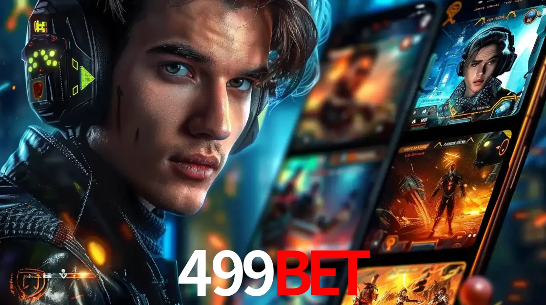 Jovem jogador com fones de ouvido olhando para a câmera, com um aplicativo de jogos e e-sports para celular ao fundo, pronto para a competição e apostas no 499bet.