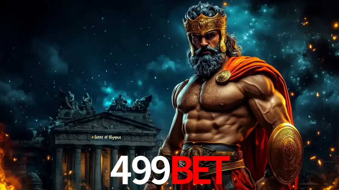 O poderoso Zeus do jogo de slot Gates of Olympus em frente ao seu templo, pronto para lançar multiplicadores divinos e prêmios épicos no cassino online 499bet.