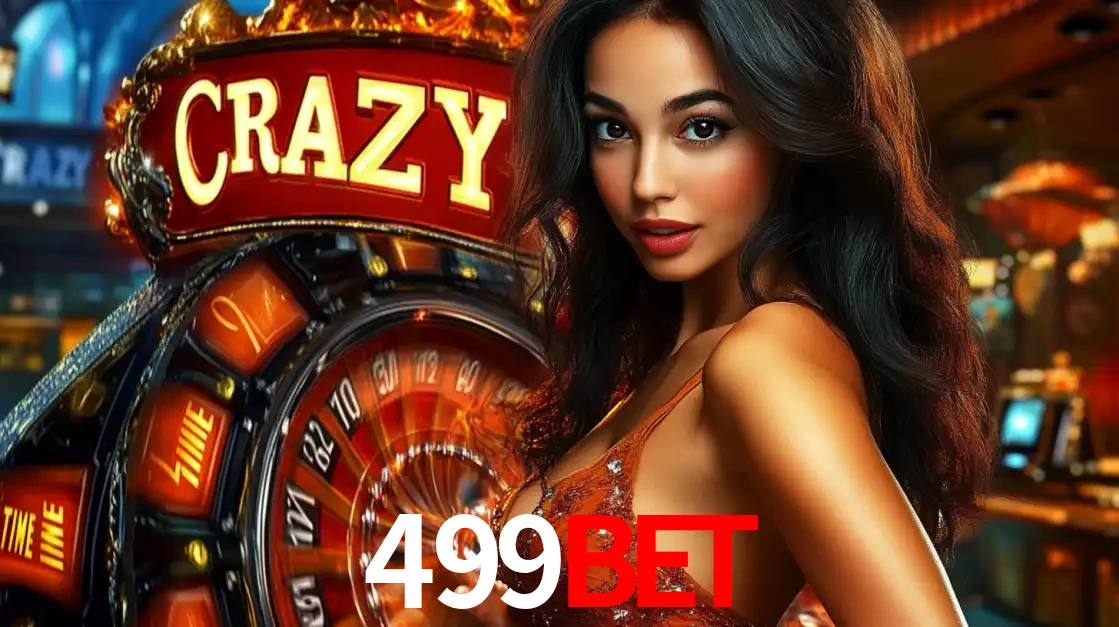 Mulher glamourosa olhando para a câmera com a roda vermelha do Crazy Time ao fundo em um ambiente de cassino, destacando a emoção dos jogos ao vivo no 499bet.
