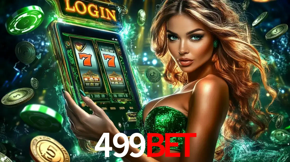 Mulher com tema verde apresentando o aplicativo do cassino 499bet com um jogo de slot de 777, cercada por fichas de cassino e uma aura de sorte.