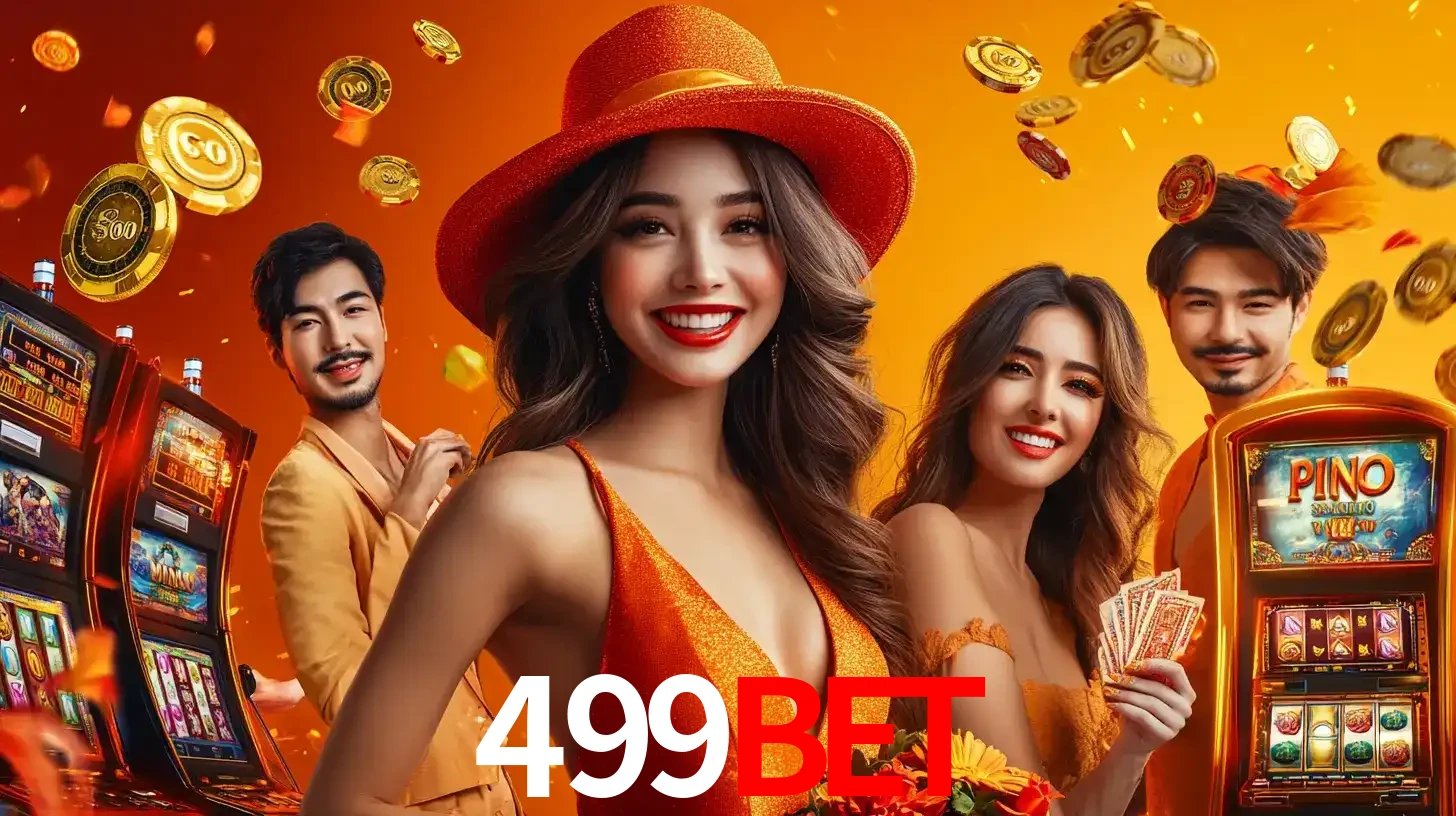 Grupo de amigos asiáticos sorrindo e se divertindo com máquinas de caça-níqueis em um ambiente festivo, celebrando suas vitórias nos jogos de cassino do 499bet.