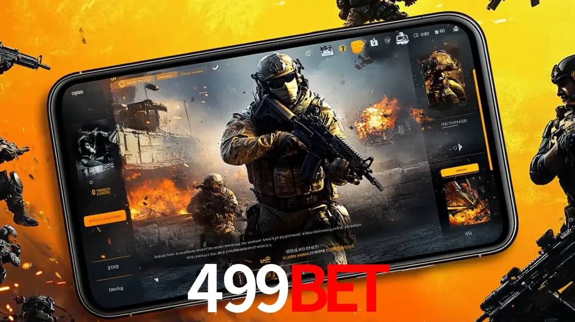 Um smartphone exibindo a interface de um jogo de tiro em primeira pessoa, com um soldado em um cenário de batalha, representando a ação dos e-sports para apostar no 499bet.