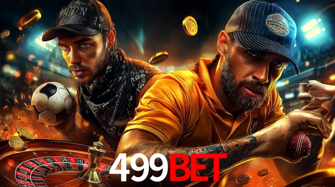 Montagem de apostas esportivas e cassino no 499bet, com um homem segurando uma bola de futebol e outro uma de beisebol sobre uma roleta e moedas voadoras.