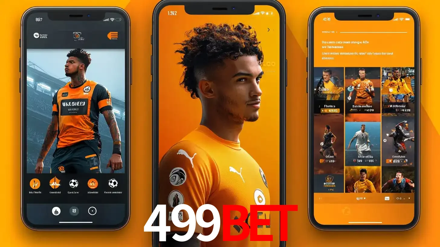 Interface do aplicativo de apostas esportivas 499bet em três telas de celular, mostrando o perfil de um jogador de futebol e a lista de jogos disponíveis para apostar.