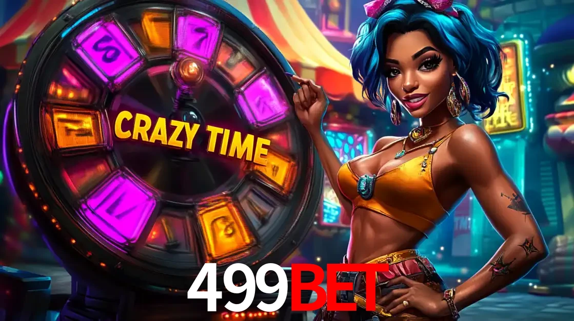 Mulher estilizada com cabelo azul e visual vibrante posando ao lado da roda de prêmios do game show Crazy Time, convidando para a diversão e os bônus do cassino 499bet.