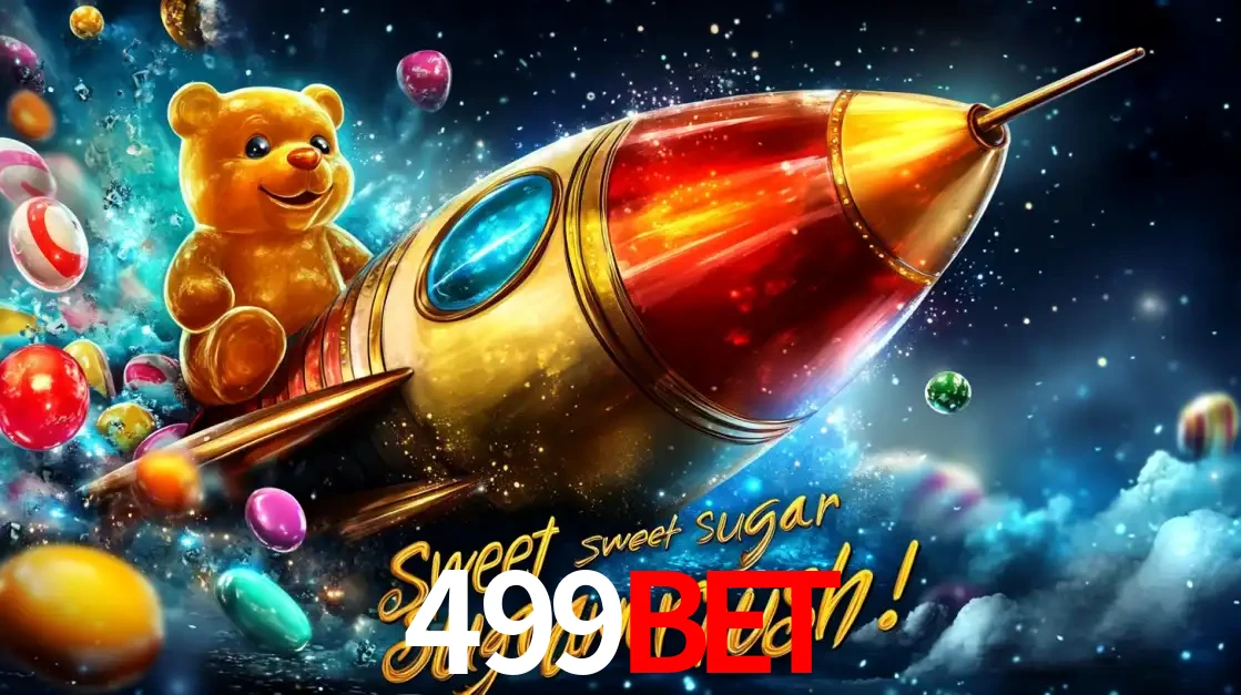Arte promocional do jogo de slot Sugar Rush, com um urso de pelúcia em um foguete viajando pelo espaço de doces, um dos jogos divertidos disponíveis no cassino 499bet.