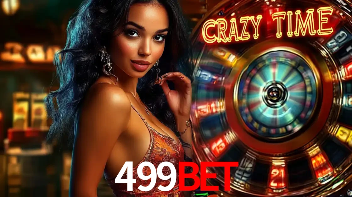 Mulher elegante ao lado da vibrante roda da fortuna do jogo de cassino ao vivo Crazy Time, um dos game shows mais populares e cheios de prêmios do 499bet.