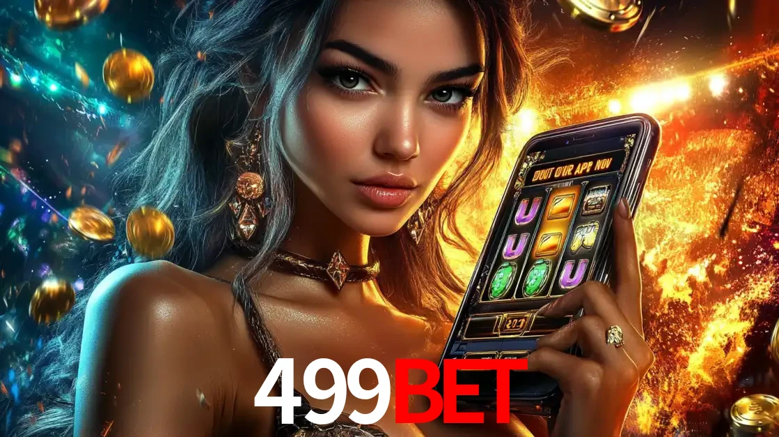 Mulher elegante mostrando um jogo de caça-níqueis em seu smartphone, destacando a experiência de cassino móvel oferecida pelo aplicativo 499bet.