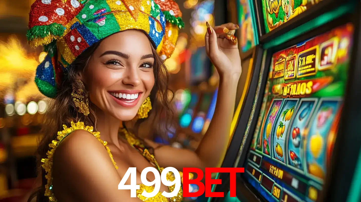 Mulher feliz com traje de carnaval amarelo e colorido ao lado de uma máquina de caça-níqueis, aproveitando a diversão e os jogos temáticos do cassino 499bet.