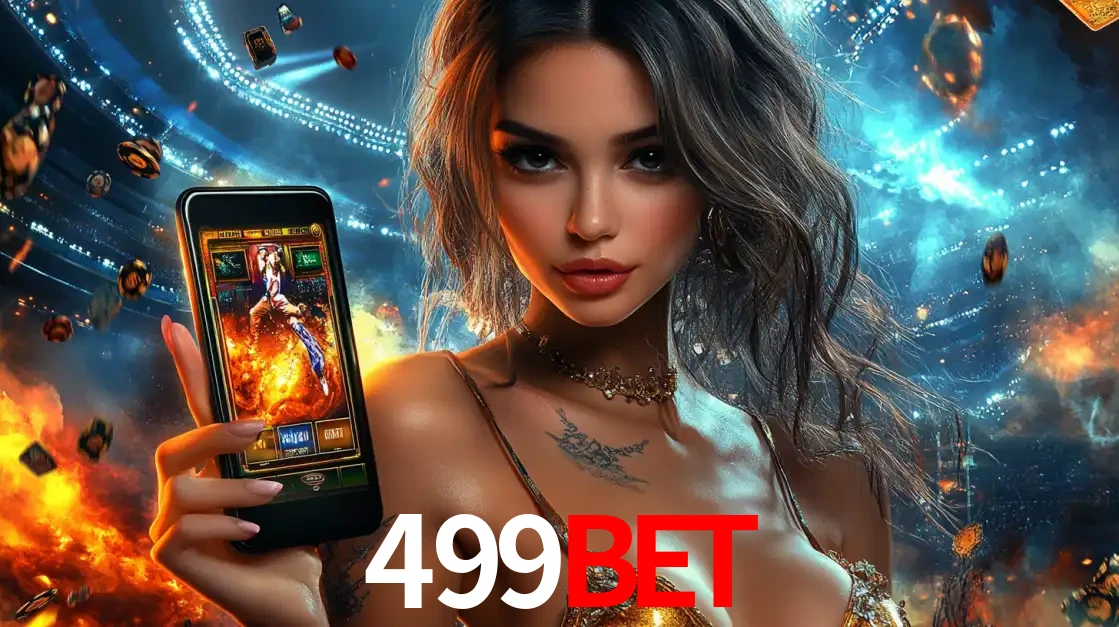 Mulher segurando um celular com um jogo de slot em destaque, tendo como fundo um estádio vibrante, simbolizando a emoção de jogar no cassino móvel 499bet.